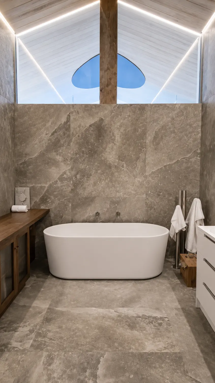 Large format porcelain bathroom installation showing resolved floor to ceiling planes