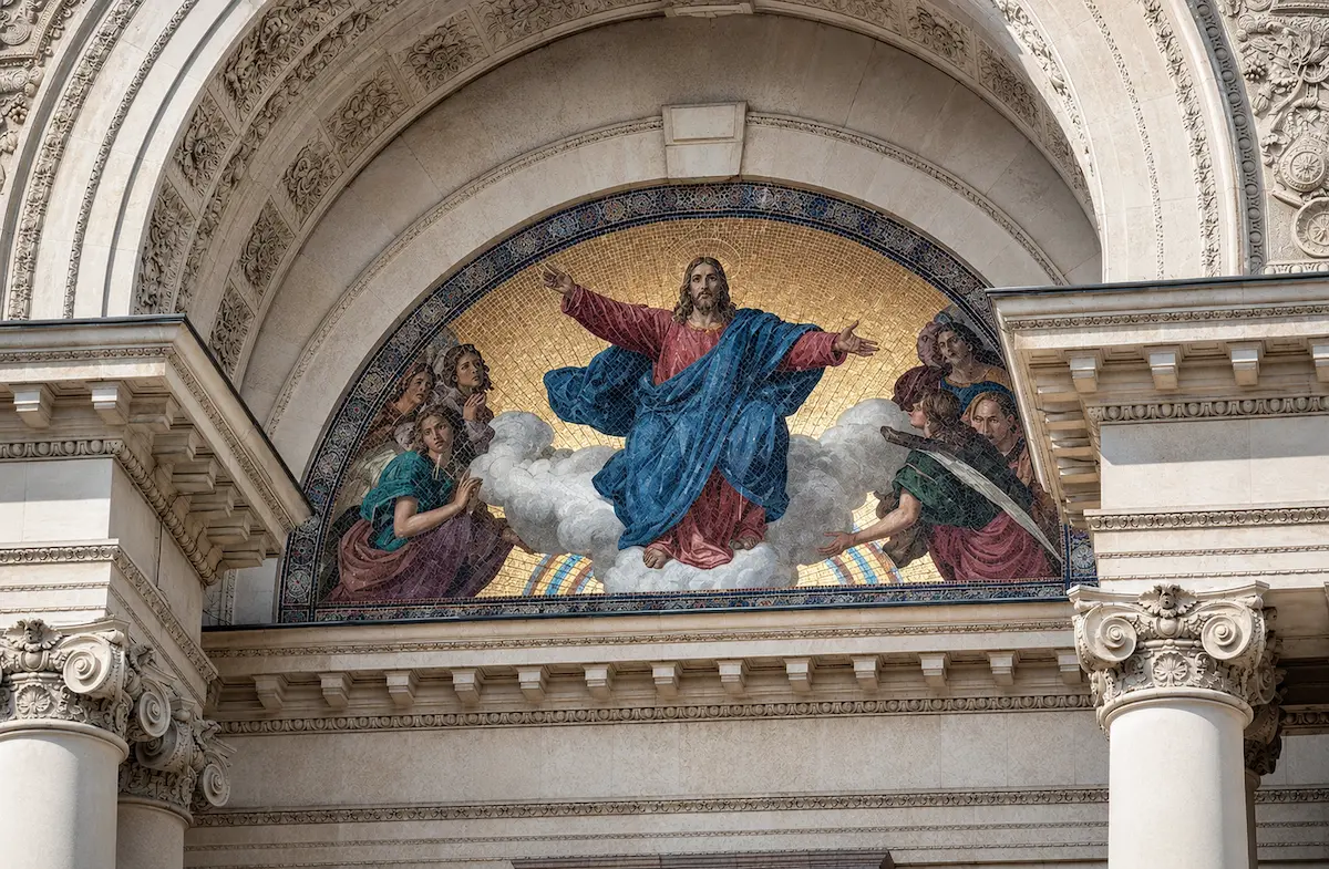 Exterior mosaic artwork at St Stephen's Basilica in Budapest, Hungary