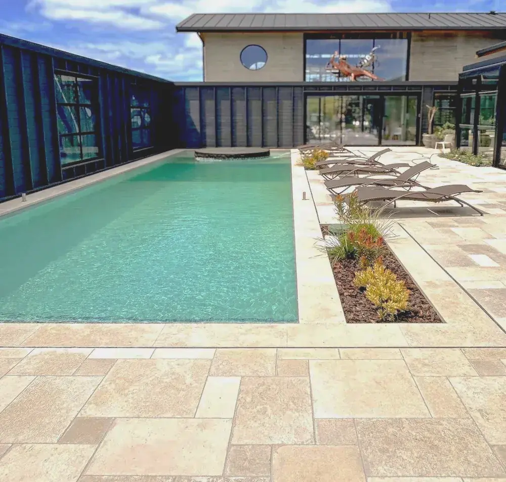 Finished patio and pool tiling with corrected circular spa geometry