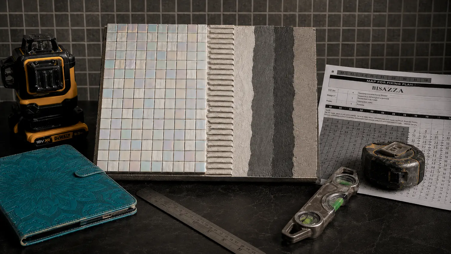 Pool tiling in progress showing mosaic set-out