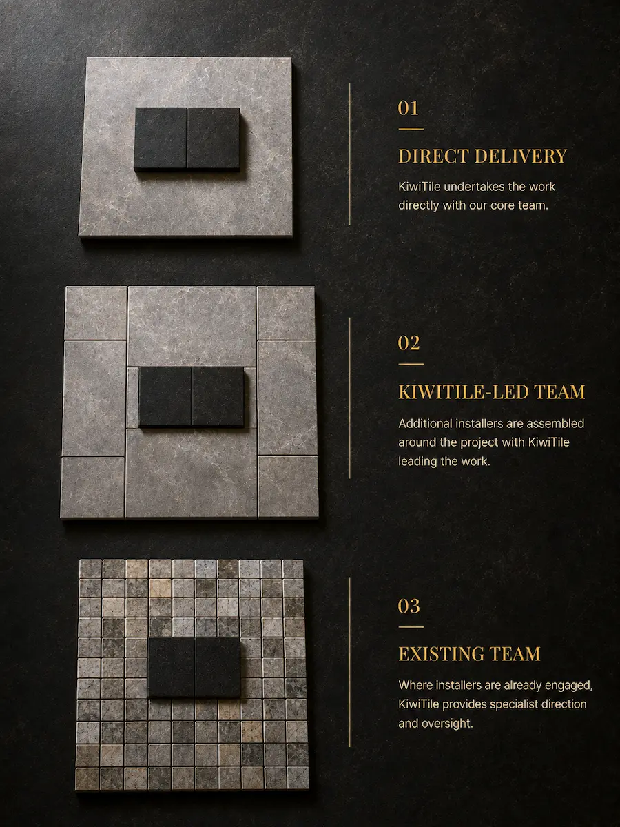 KiwiTile project delivery model showing direct delivery, KiwiTile-led team and existing team engagement